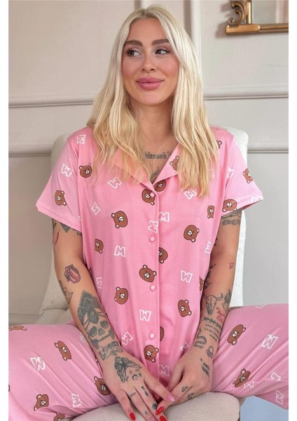 Koyu Pembe Bear Charm Desenli Bambu Önden Düğmeli Kısa Kol Pijama Takımı