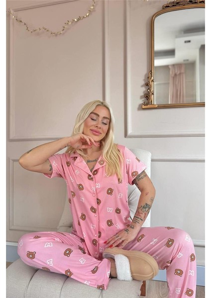 Koyu Pembe Bear Charm Desenli Bambu Önden Düğmeli Kısa Kol Pijama Takımı