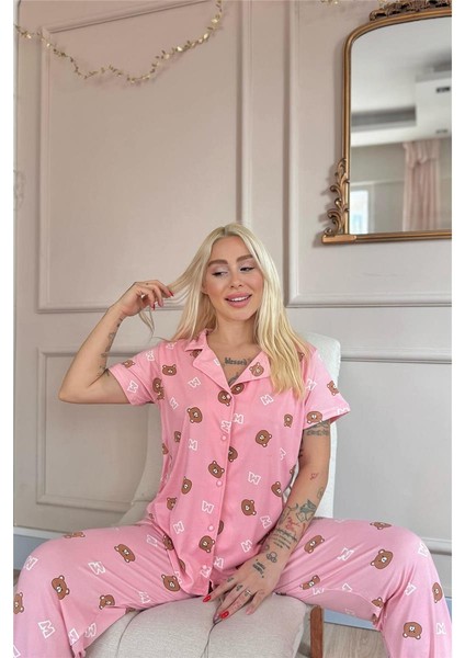 Koyu Pembe Bear Charm Desenli Bambu Önden Düğmeli Kısa Kol Pijama Takımı