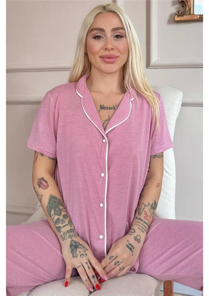 Pudra Sofistic Önden Düğmeli Kısa Kol Kadın Pijama Takımı