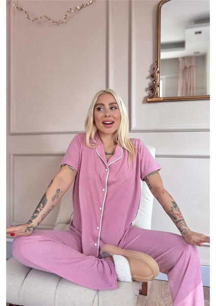 Pudra Sofistic Önden Düğmeli Kısa Kol Kadın Pijama Takımı