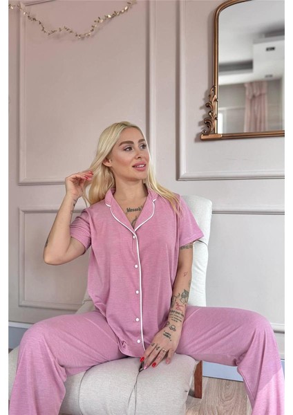 Pudra Sofistic Önden Düğmeli Kısa Kol Kadın Pijama Takımı