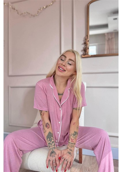 Pudra Sofistic Önden Düğmeli Kısa Kol Kadın Pijama Takımı
