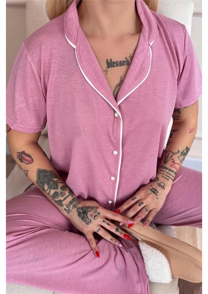Pudra Sofistic Önden Düğmeli Kısa Kol Kadın Pijama Takımı