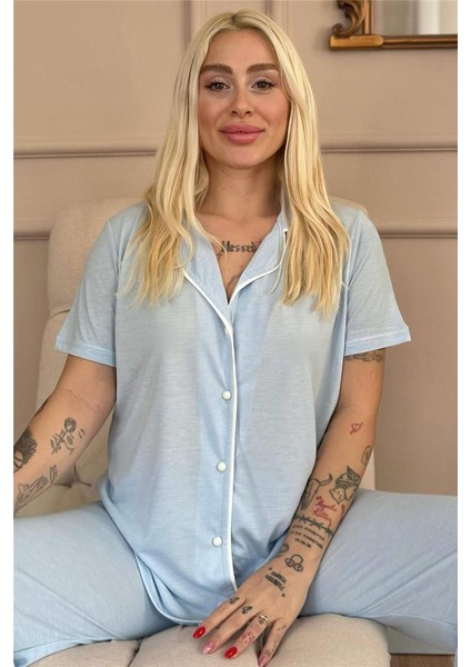 Mavi Sofistic Önden Düğmeli Kısa Kol Kadın Pijama Takımı