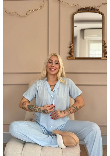 Mavi Sofistic Önden Düğmeli Kısa Kol Kadın Pijama Takımı modelleri