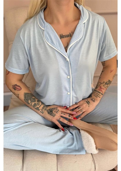 Mavi Sofistic Önden Düğmeli Kısa Kol Kadın Pijama Takımı