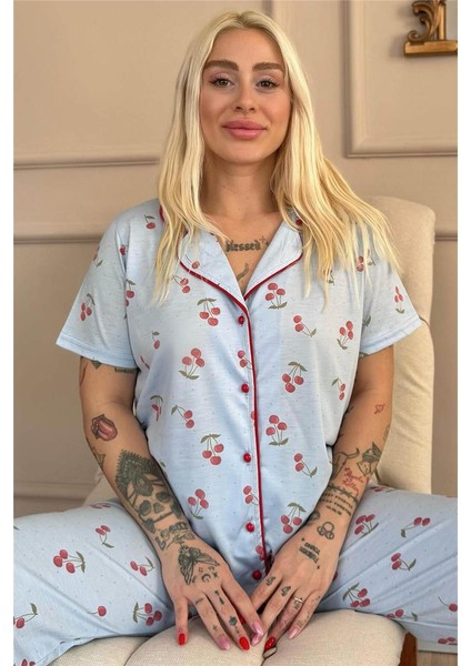 Buz Mavisi Sofistic Cherry Önden Düğmeli Kısa Kol Kadın Pijama Takımı