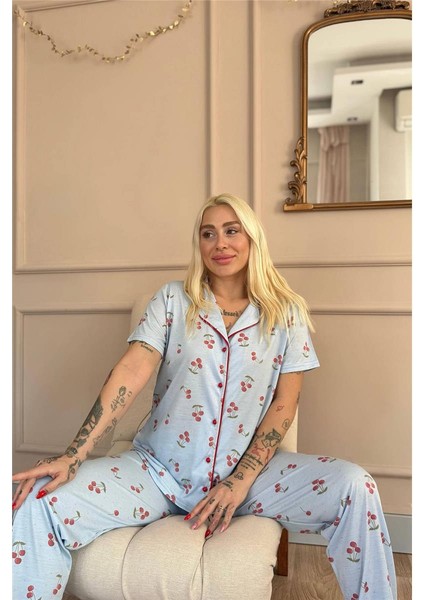 Buz Mavisi Sofistic Cherry Önden Düğmeli Kısa Kol Kadın Pijama Takımı