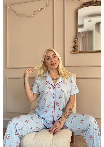 Buz Mavisi Sofistic Cherry Önden Düğmeli Kısa Kol Kadın Pijama Takımı