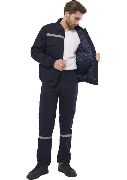 Kışlık Lacivert Iş Takımı 7x7 Gabardin (Mont+Pantolon) Reflektörlü %100 Pamuk