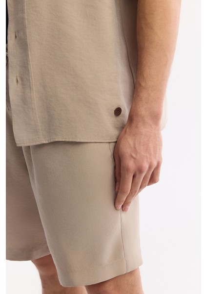 Erkek Bej Apaj Yaka Soft Touch Kısa Kol Oversize Fit Gömlek A51Y2006