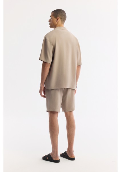 Erkek Bej Apaj Yaka Soft Touch Kısa Kol Oversize Fit Gömlek A51Y2006