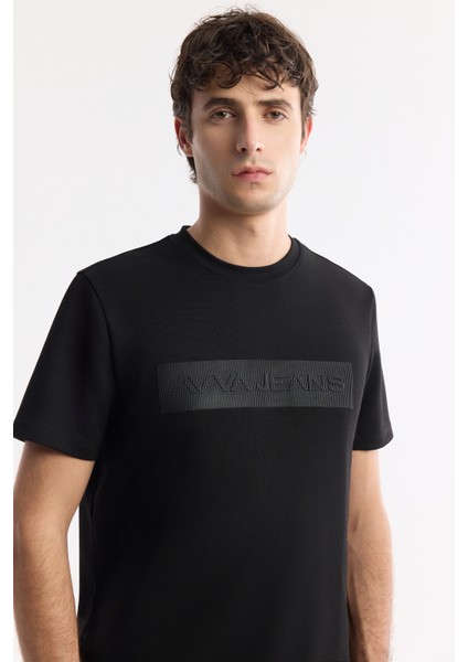 Erkek Siyah Bisiklet Yaka Baskılı Bi-Stretch İnterlok Regular Fit T-Shirt A51Y1021