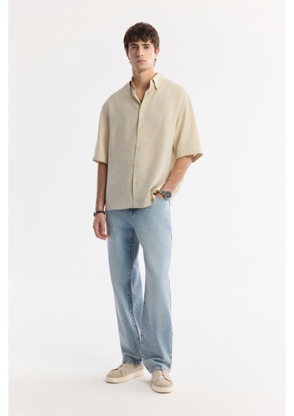 Erkek Bej Alttan Britli Yaka Modal Karışımlı Soft Touch Boxy Fit Gömlek A51Y2119 indirimleri