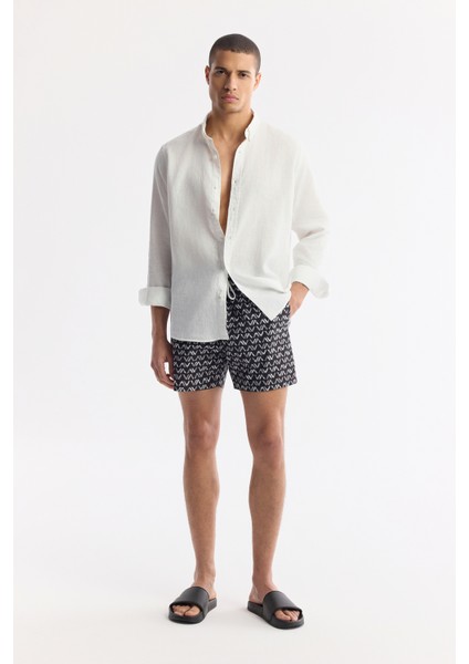 Erkek Siyah Hızlı Kuruyan Baskılı Çantalı Relaxed Fit Relaxed Fit Deniz Şortu A51Y3828