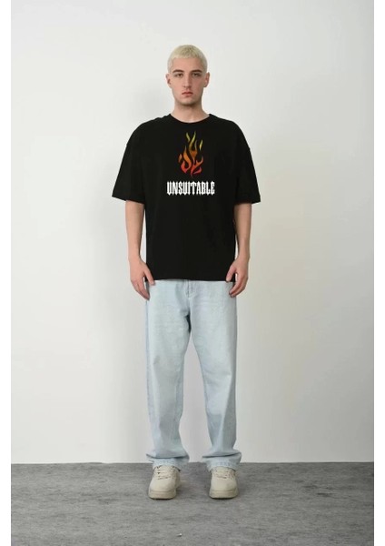 Bisiklet Yaka Baskılı Oversize T-Shirt - Siyah
