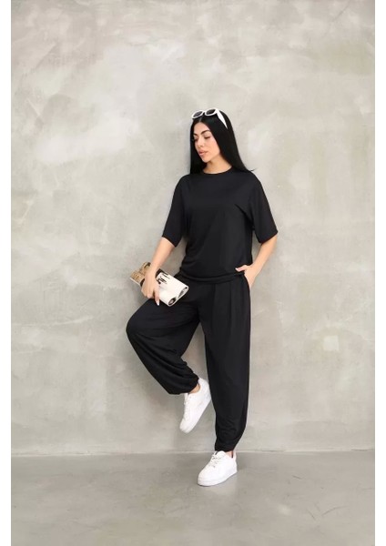 Osy Modal Yumuşak Dokulu Kumaş Oversize Bisiklet Yaka T-Shirt Jogger Eşofman Altı Eşofman Takımı - Siyah