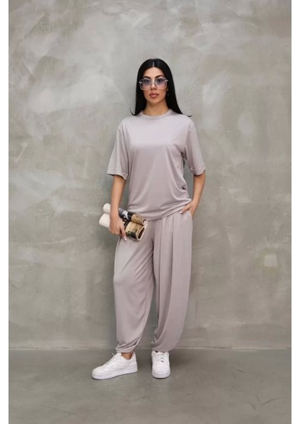 Osy Modal Yumuşak Dokulu Kumaş Oversize Bisiklet Yaka T-Shirt Jogger Eşofman Altı Eşofman Takımı - Gri