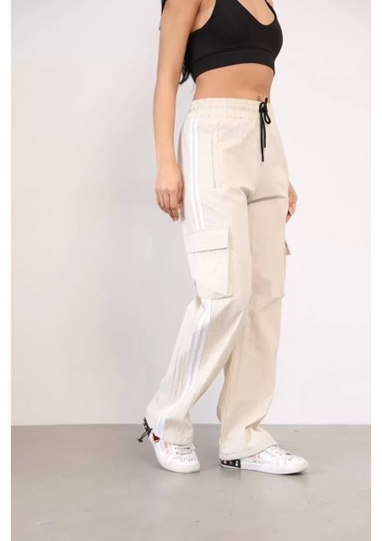 Praşut Kumaş Kargo Çeplı Baggy Esofman - Bej