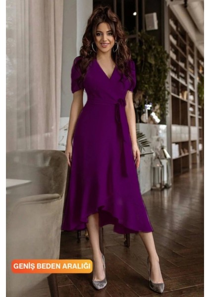 Kadın Kruvaze Yaka Midi Boy Kuşaklı Krep Elbise 120 cm fiyatları