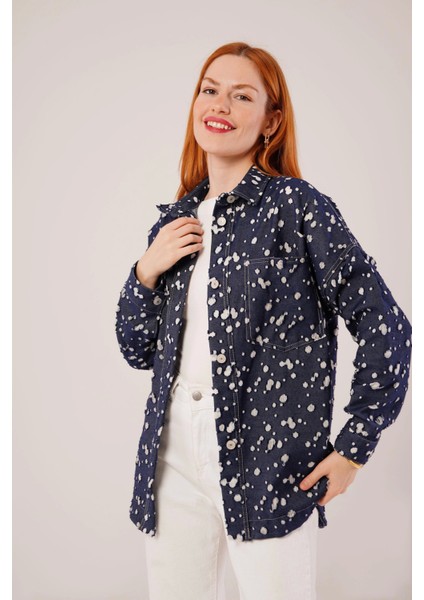 Eskitme Görünümlü Denim Mavi Gömlek