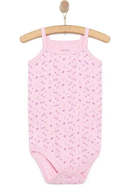 Kız Bebek Zıbın Çiçekli Ip Askılı Body Ribana Kumaş Çıtçıtlı Ip Askılı Kol Pembe