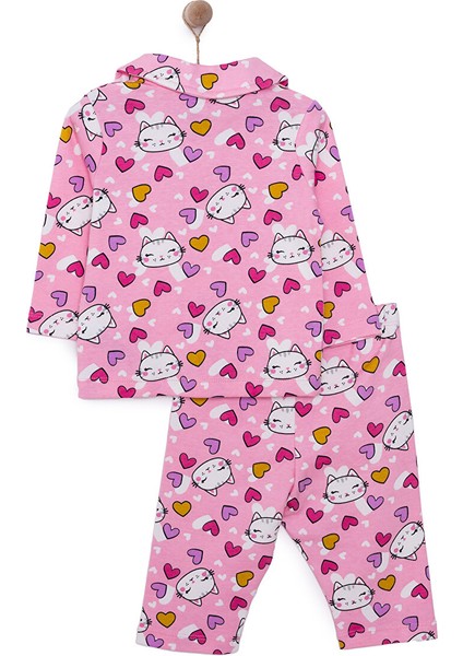 Kız Kedi Desenli Gömlek Yaka Pijama Takımı