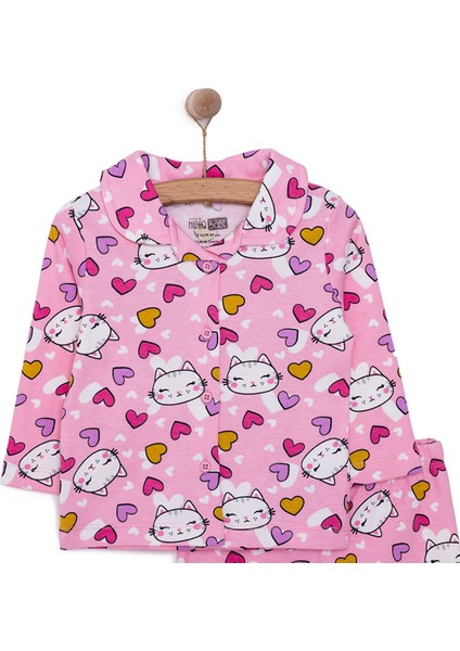Kız Kedi Desenli Gömlek Yaka Pijama Takımı
