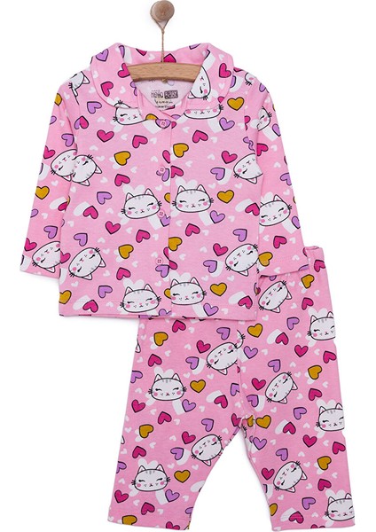 Kız Kedi Desenli Gömlek Yaka Pijama Takımı