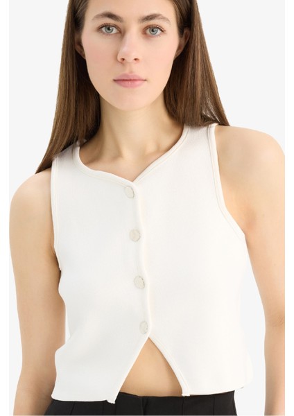 Regular Fit Bisiklet Yaka Düğmeli Siyah Triko Yelek