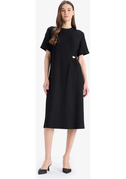 Regular Fit Bisiklet Yaka Basic Düz Bürümcük Kısa Kollu Midi Elbise E7330AX25SM
