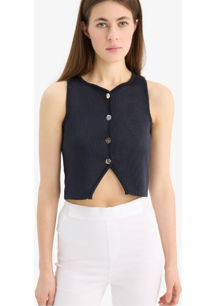 Regular Fit Bisiklet Yaka Düğmeli Siyah Triko Yelek E0990AX25SM