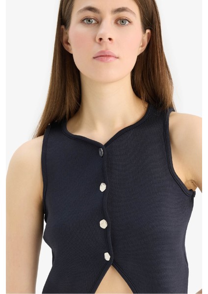 Regular Fit Bisiklet Yaka Düğmeli Siyah Triko Yelek E0990AX25SM
