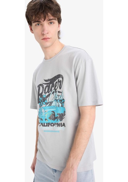 %100 Pamuk Boxy Fit Bisiklet Yaka Baskılı Kısa Kollu Tişört D5586AX25SP