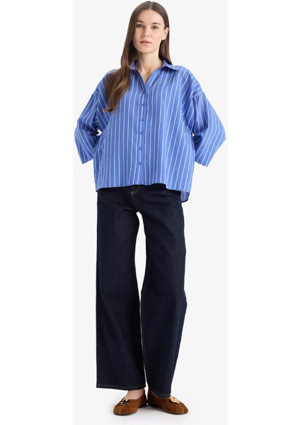 Regular Fit Çizgili Geniş Uzun Kollu Gömlek fiyatları