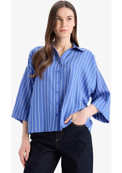 Regular Fit Çizgili Geniş Uzun Kollu Gömlek modelleri