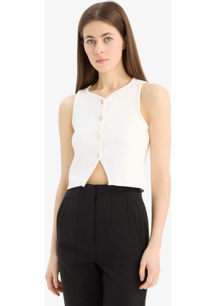 Regular Fit Bisiklet Yaka Düğmeli Beyaz Triko Yelek E0990AX25SM