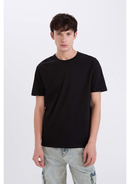 %100 Pamuk Regular Fit Bisiklet Yaka Kısa Kollu Ağır Kumaş Siyah Tişört D5481AX25SP