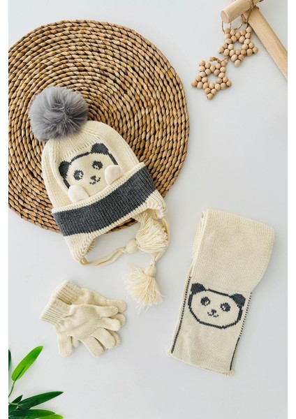 (1-4 Yaş) Panda Örme Desen Erkek Bebe Atkı bere takım