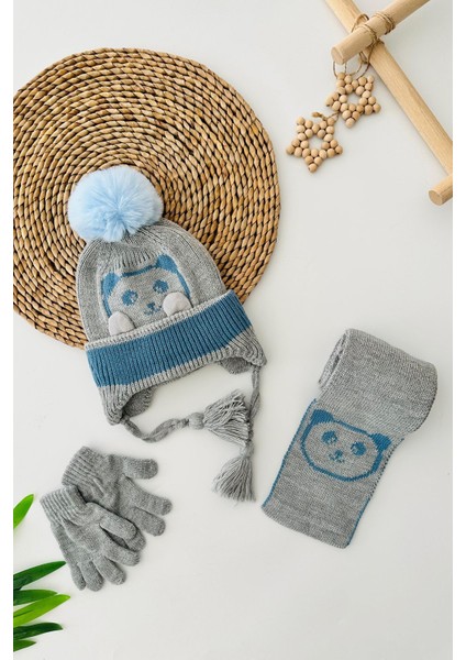 (1-4 Yaş) Panda Örme Desen Erkek Bebe Atkı bere takım