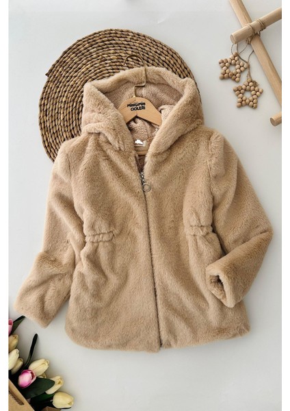 Kapüşonlu Peluş Kız Çocuk mont - Vizon