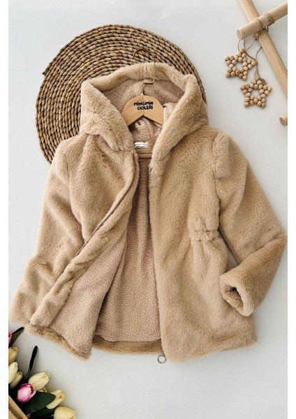 Kapüşonlu Peluş Kız Çocuk mont - Vizon