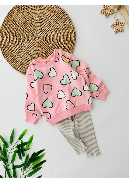 Kalp Baskılı Taytlı Kız Bebe takım - Pembe