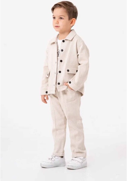 Çimalı Erkek Çocuk Düğmeli Ceketli 3 lü takım - Krem