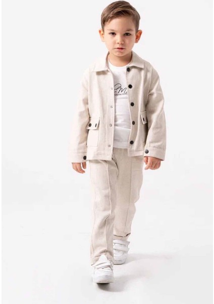 Çimalı Erkek Çocuk Düğmeli Ceketli 3 lü takım - Krem indirimleri