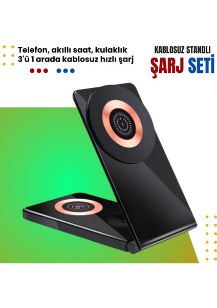 MS10 3-In-1 Magnetic Wireless Standlı Şarj Seti - Akıllı Saat, Kulaklık ve Telefon