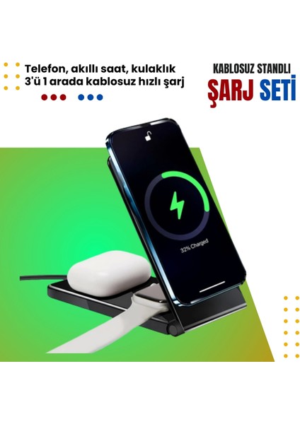 MS10 3-In-1 Magnetic Wireless Standlı Şarj Seti - Akıllı Saat, Kulaklık ve Telefon