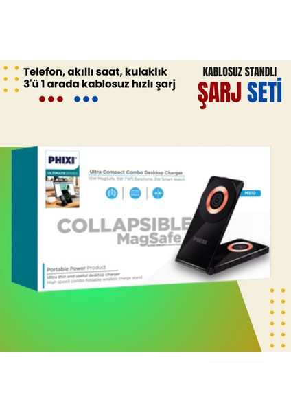 MS10 3-In-1 Magnetic Wireless Standlı Şarj Seti - Akıllı Saat, Kulaklık ve Telefon