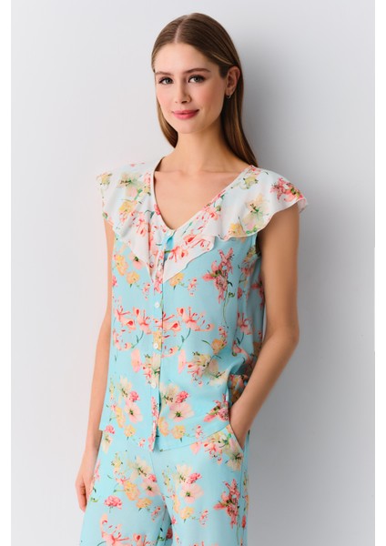 Flowers Askılı Maskülen Pijama Takımı